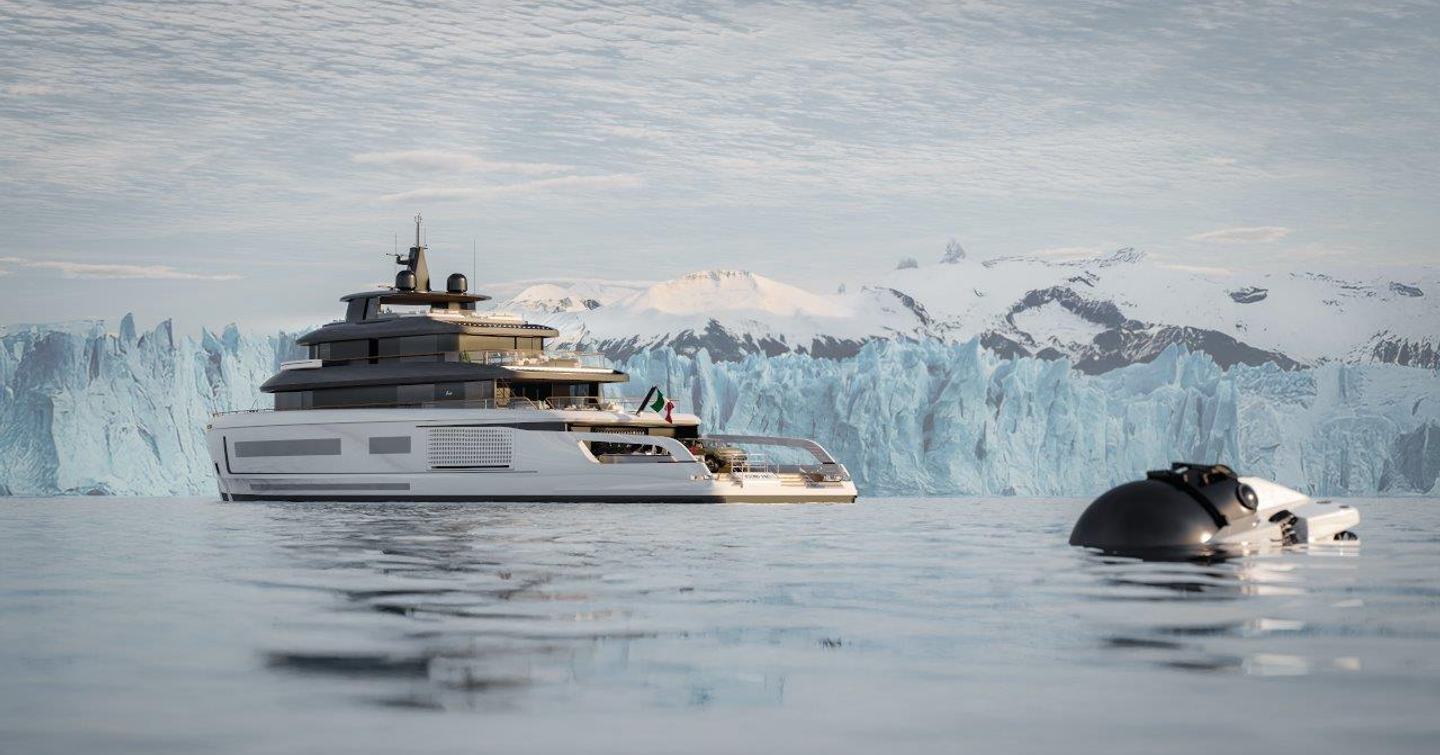 A render of the Benetti B.Yond 57M Water sporting a white hull and dark grey superstructure, floating near to an icy outcrop