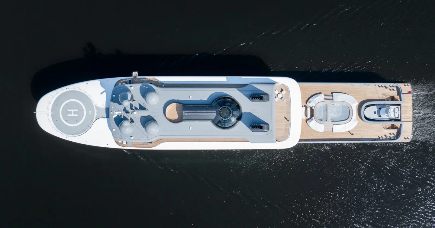 Aerial view of Lürssen Superyacht Nausicaä under way 