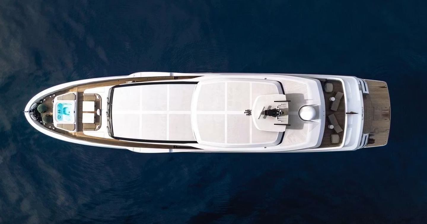 Extra Yachts motor yacht L.A.U.L. at anchor aerial view 
