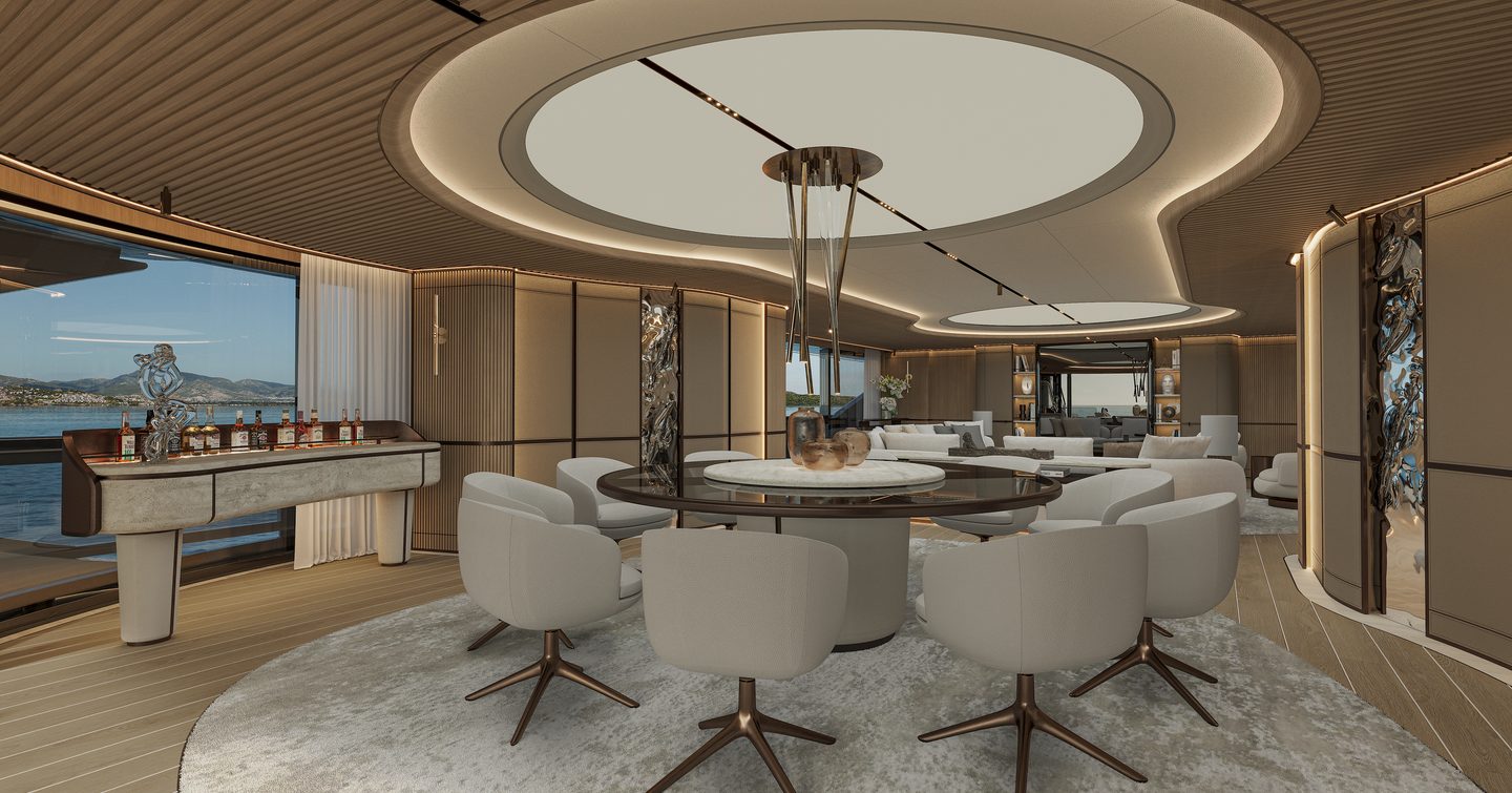 Rendering of ISA Yachts Granturismo 66 Superyacht main saloon dining area with circular dining table