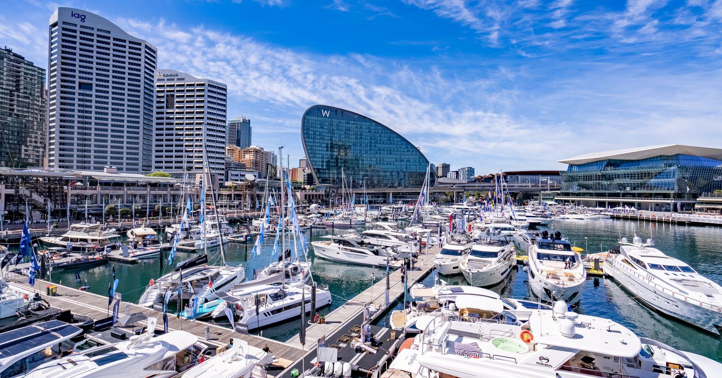 Yachts docked in Darling Harbour at Sydney International On-Water Boat Show