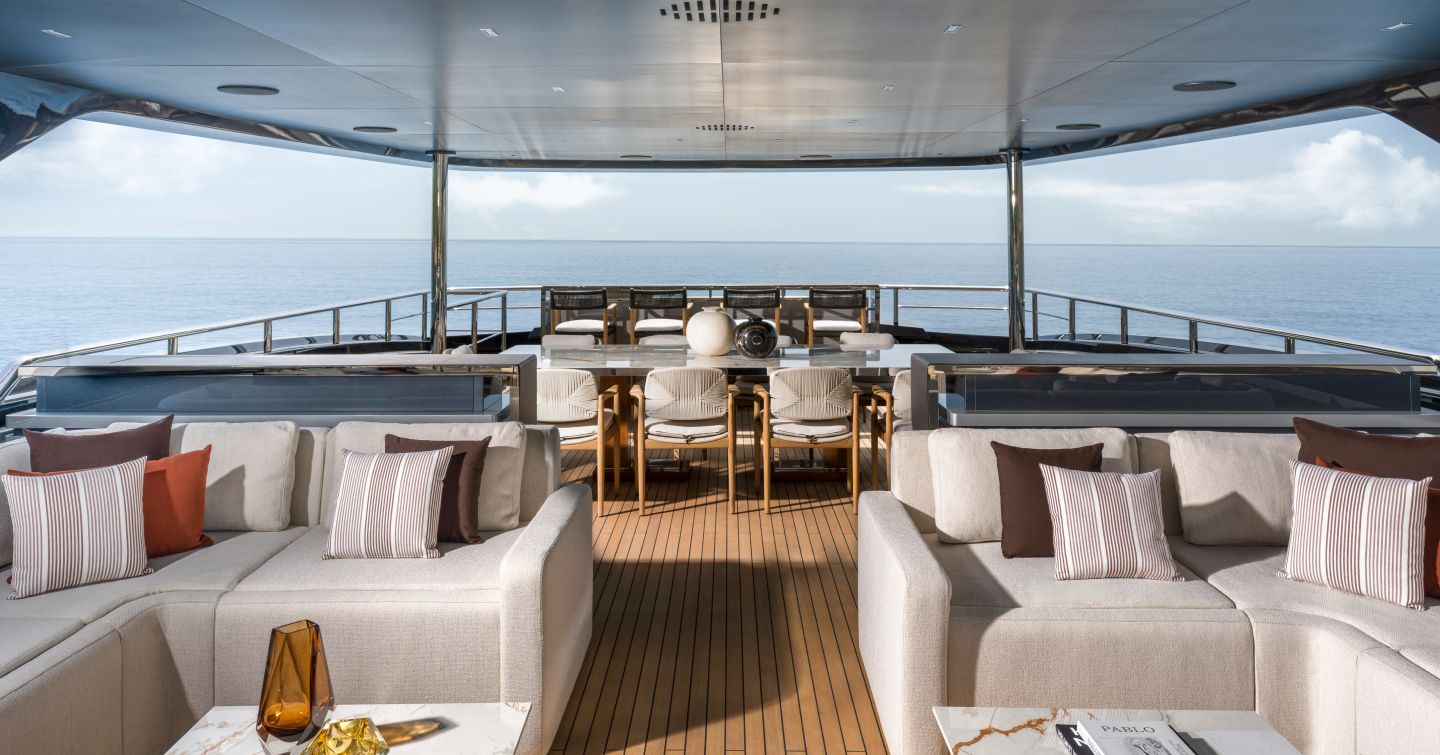 Motor Yacht Sairu sundeck with shaded alfresco dining and seating