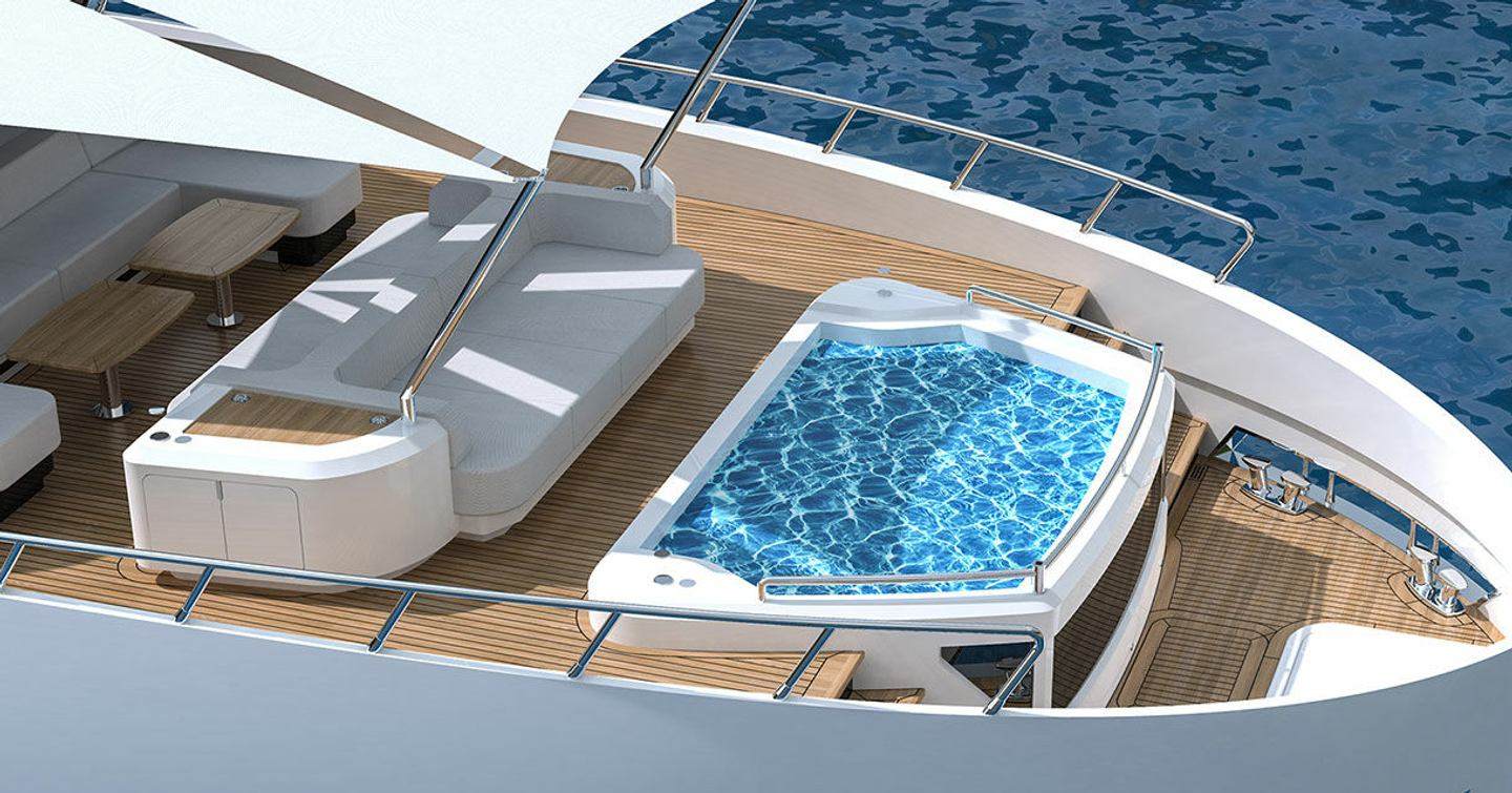 Rendering of First Lazzara UHV100 motor yacht foredeck swimming pool