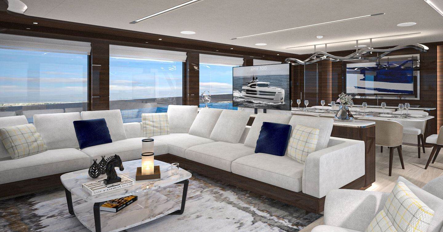 Rendering of First Lazzara UHV100 motor yacht main saloon with L-shaped sofa