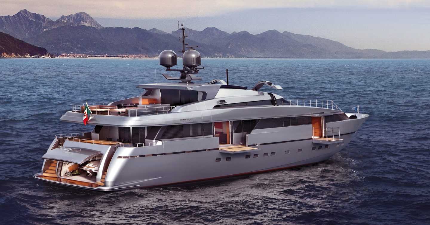 Luxury superyacht at anchor with fold out balconies 