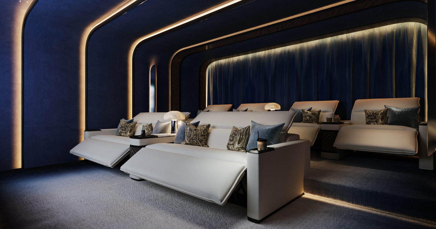 Rendering of Bilgin Superyacht Project Bond indoor cinema with white seating and warm integrated LED strip lighting 