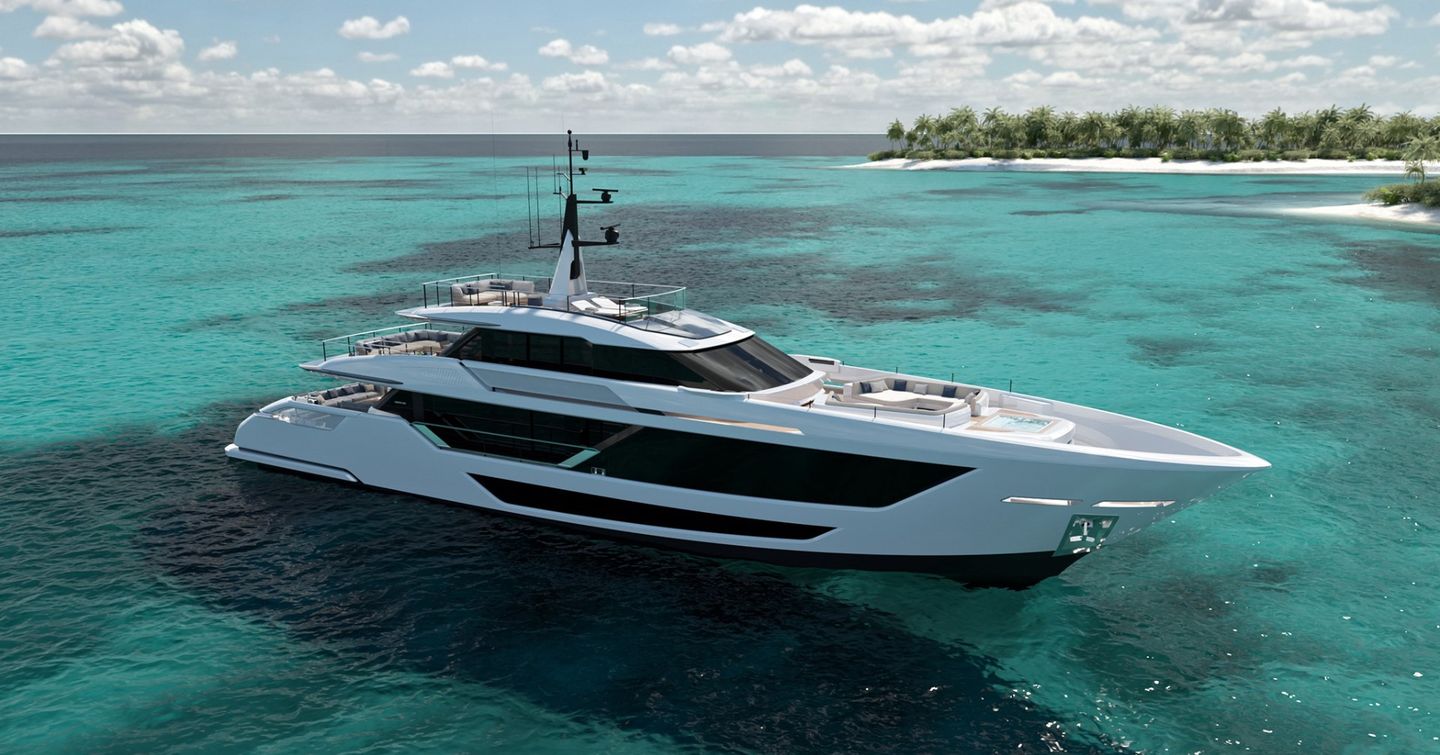 Rendering of Custom Line Saetta 128' motor yacht at anchor 