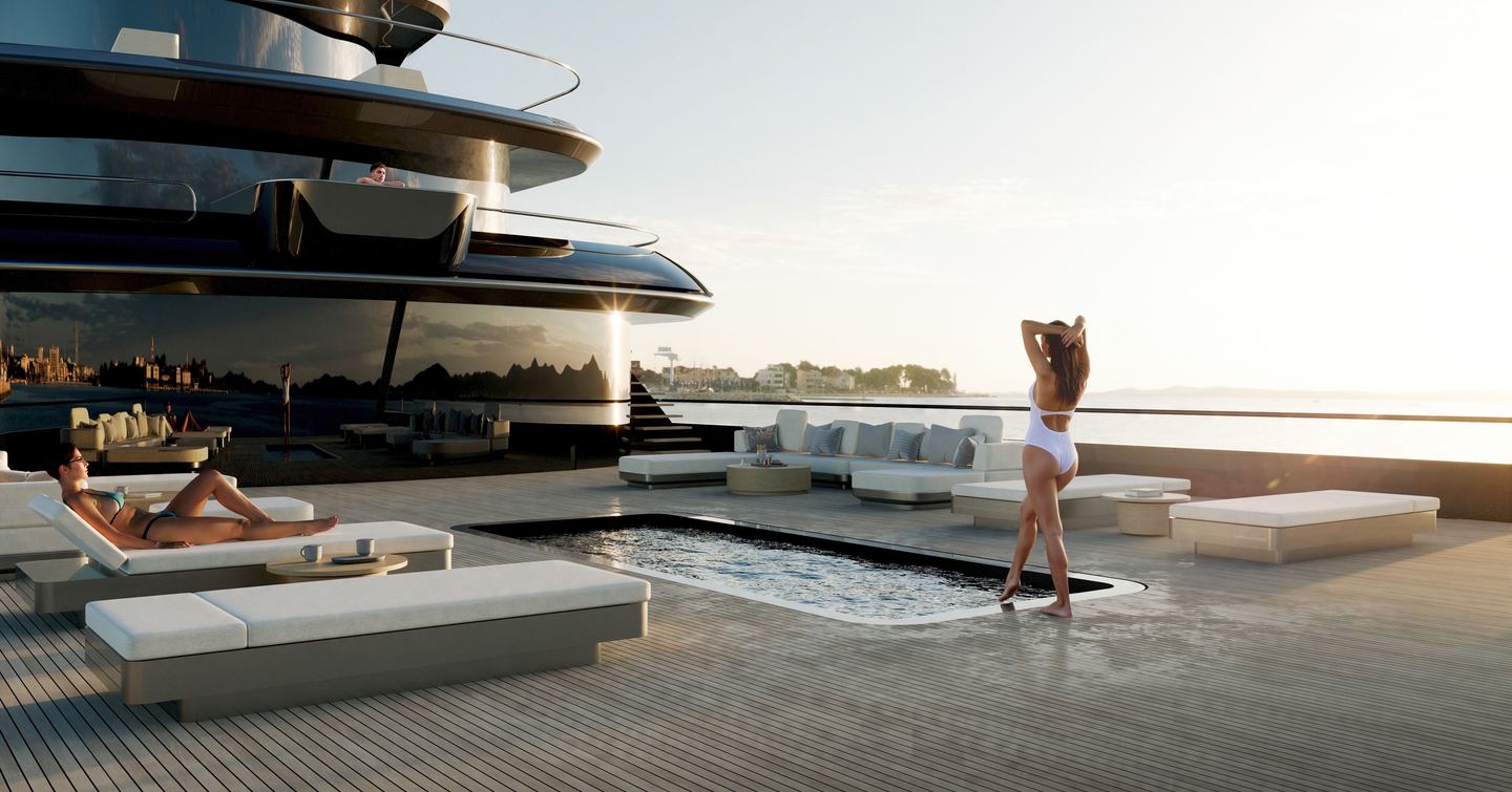 Rendering of women on board Sunreef 65M Explorer catamaran aft deck by pool 