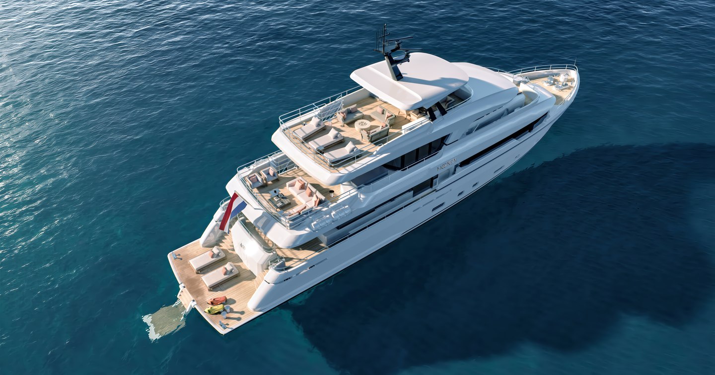 Aerial Rendering of Moonen 122 Martinique Superyacht at anchor 