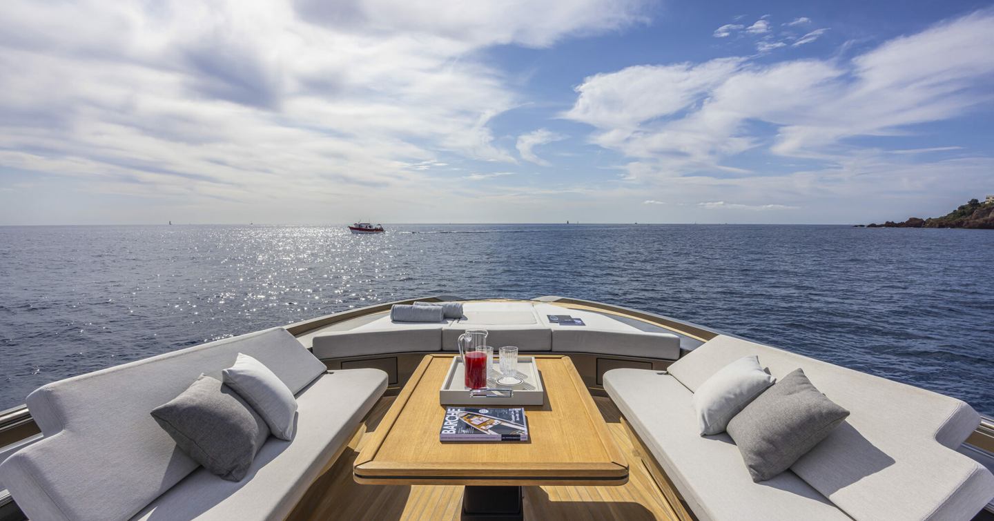 Open Yacht Sexy Me foredeck with coffee table, sunpads and seating