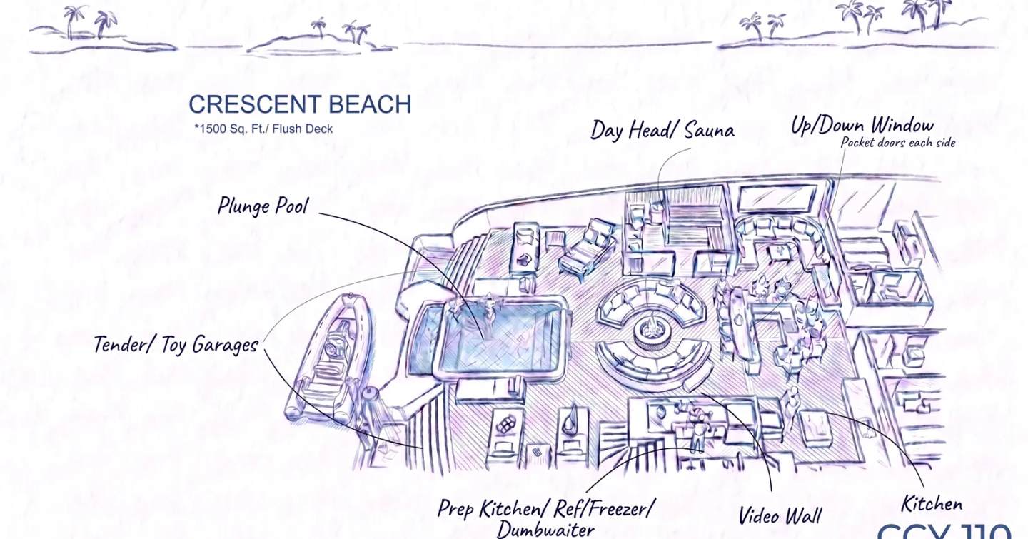 Crescent Custom Yachts First CCY110 superyacht floor plan sketch 