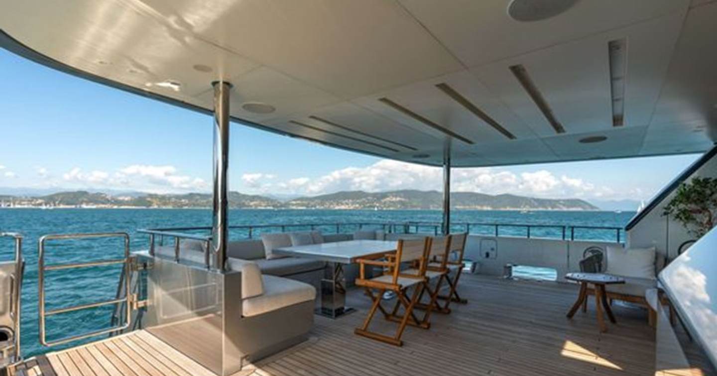 Superyacht Lady A for Sale cockpit with fixed U shaped sofa seating