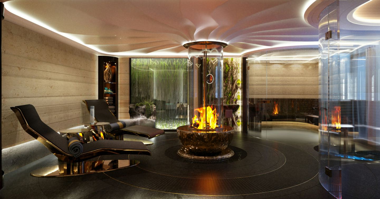 Rendering of superyacht Kismet spa area with indoor fire