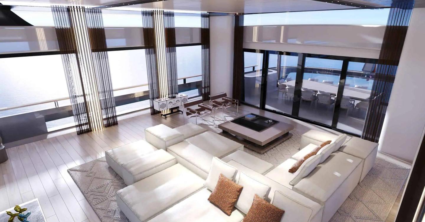 Rendering of Benetti B.Loft 58M motor yacht skylounge with white modular furniture 