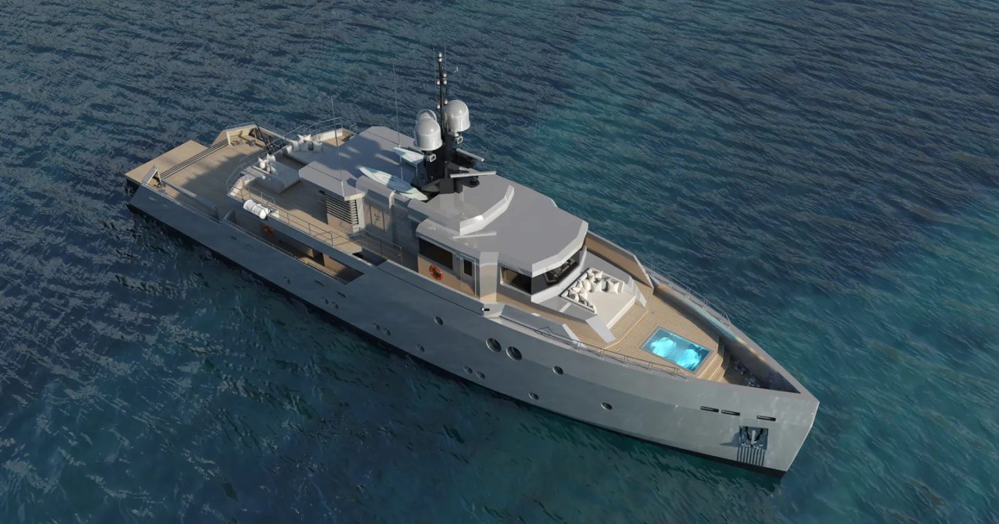 Aerial rendering of Superyacht Project Obsidian Blade at anchor 