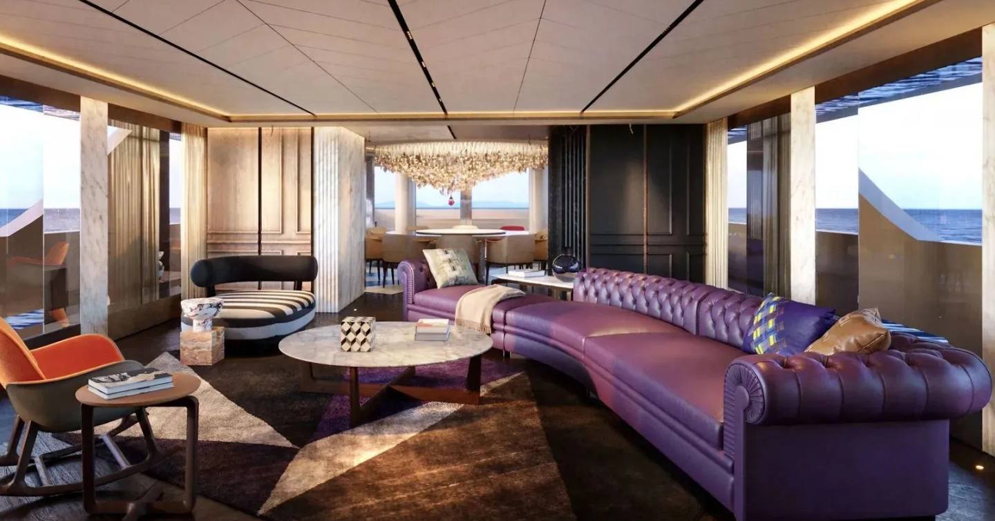 Superyacht Raja²'s interior seating area with plum chaise lounge