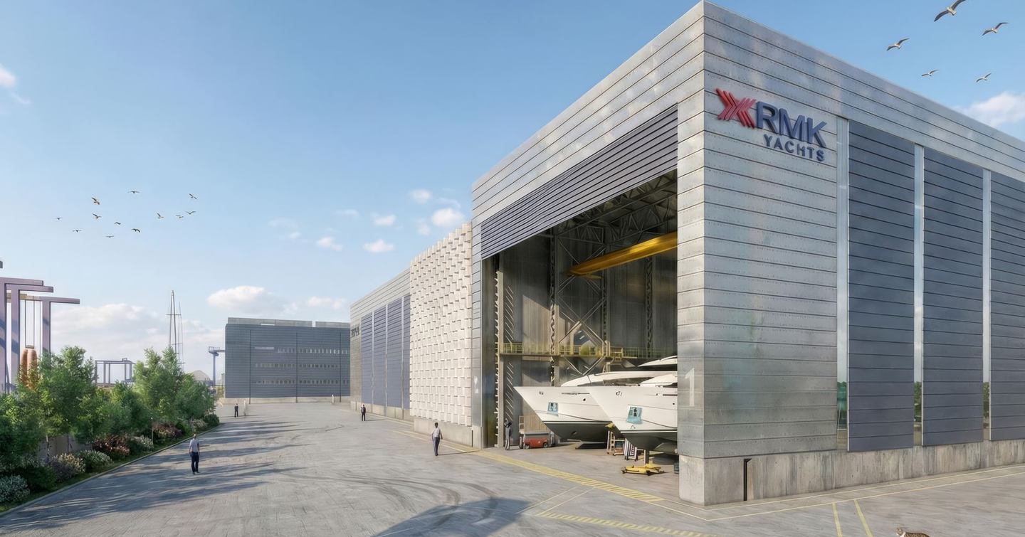Rendering of new RMK Marine shipyard facility in Yalova with bow of yachts peaking out of building