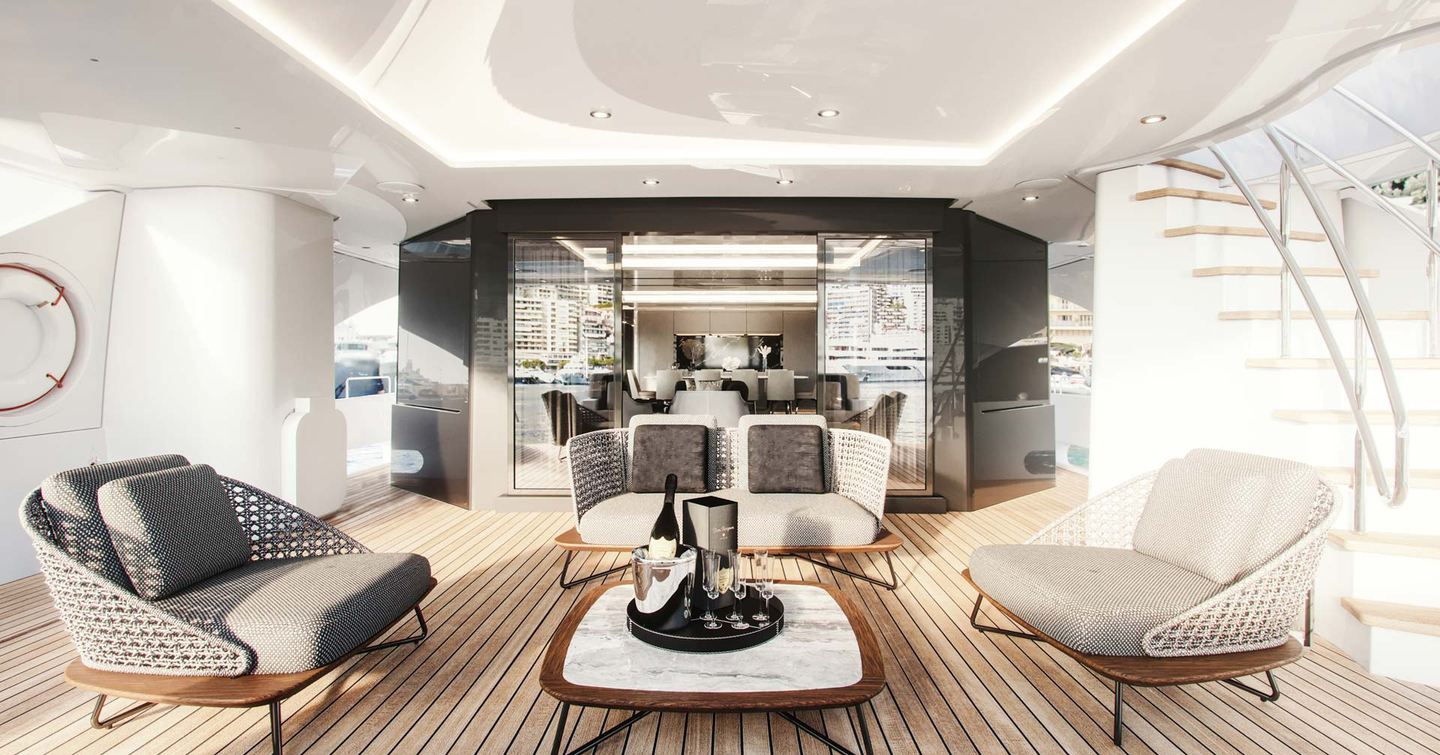 Rendering of Westport W135 motor yacht main aft deck shaded seating 