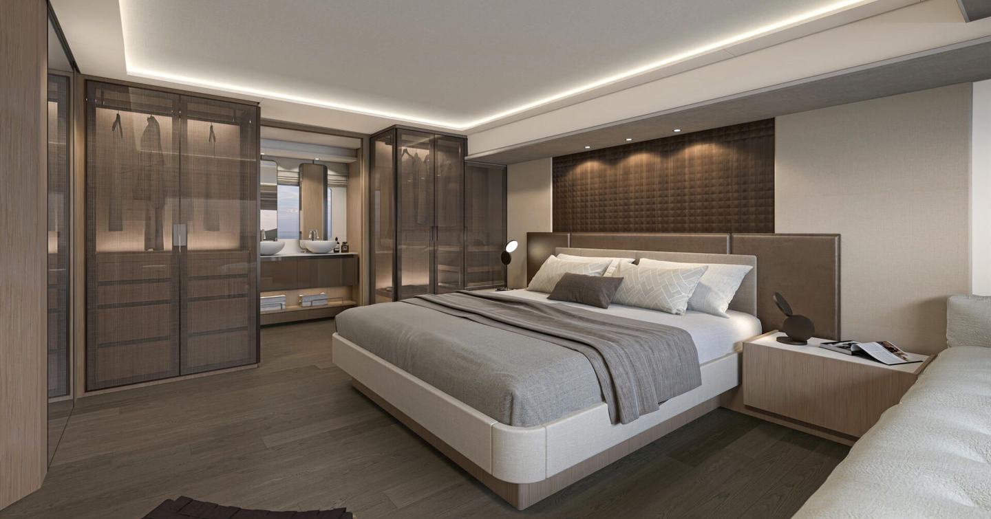 Rendering of Prestige M7 Catamaran master cabin and ensuite