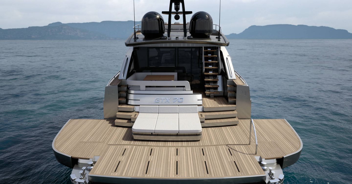 Rendering of motor yacht Pershing GTX70 beach club at anchor
