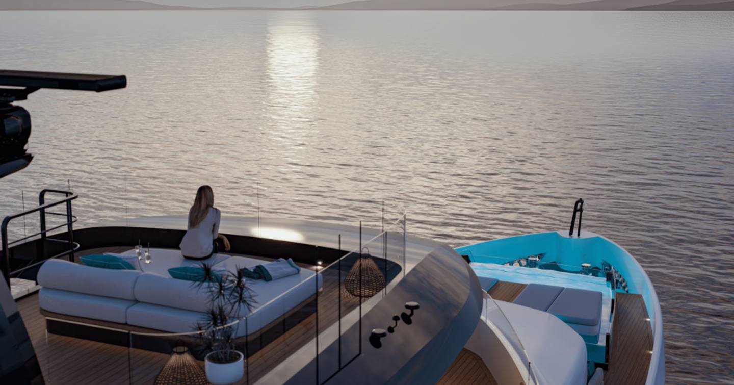 Rendering of Mangusta Oceano 52 superyacht foredecks with woman overlooking sea on sunpad 