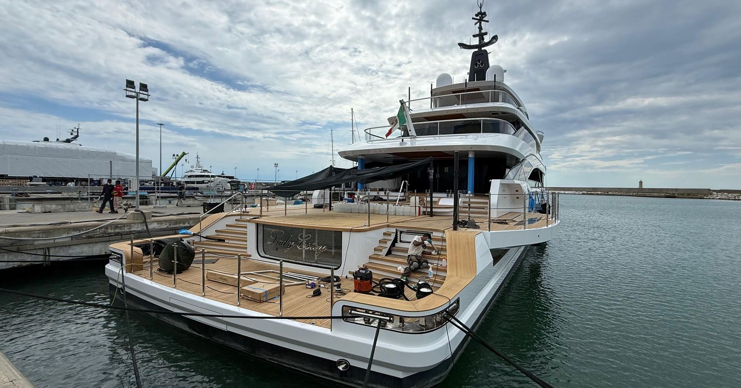 Rear view of motor yacht Lady Estey in the docks 