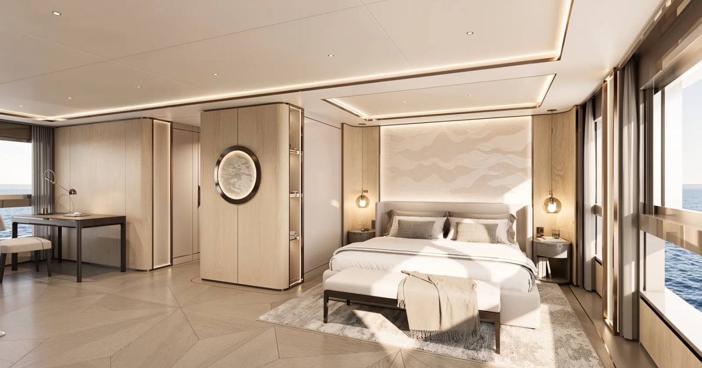 Rendering of Moonen 133 Mallorca motor yacht asymmetric master cabin 