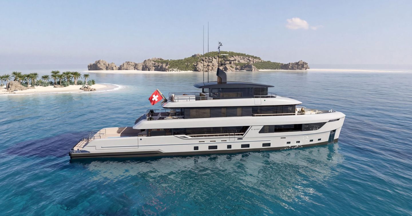 Rendering of Bearing 130 Superyacht at anchor 
