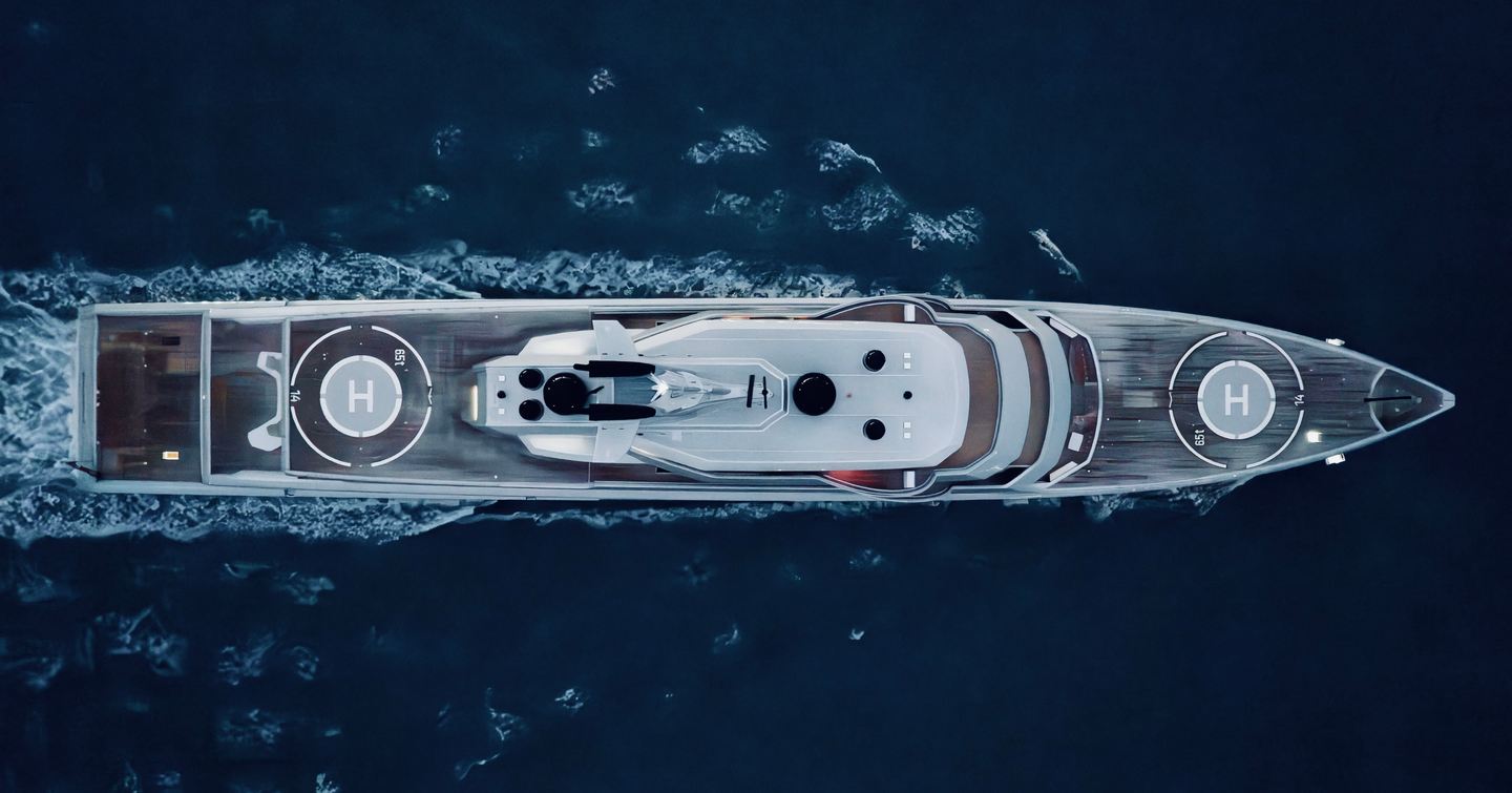 Birds eye view of superyacht DRAGONFLY at night