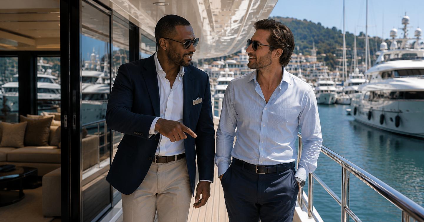 Broker walking a client around a brokerage yacht in a marina 