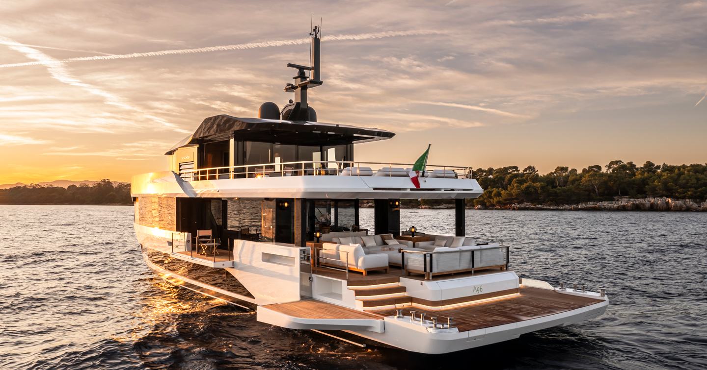 Arcadia A96 motor yacht at anchor with expanded beach club
