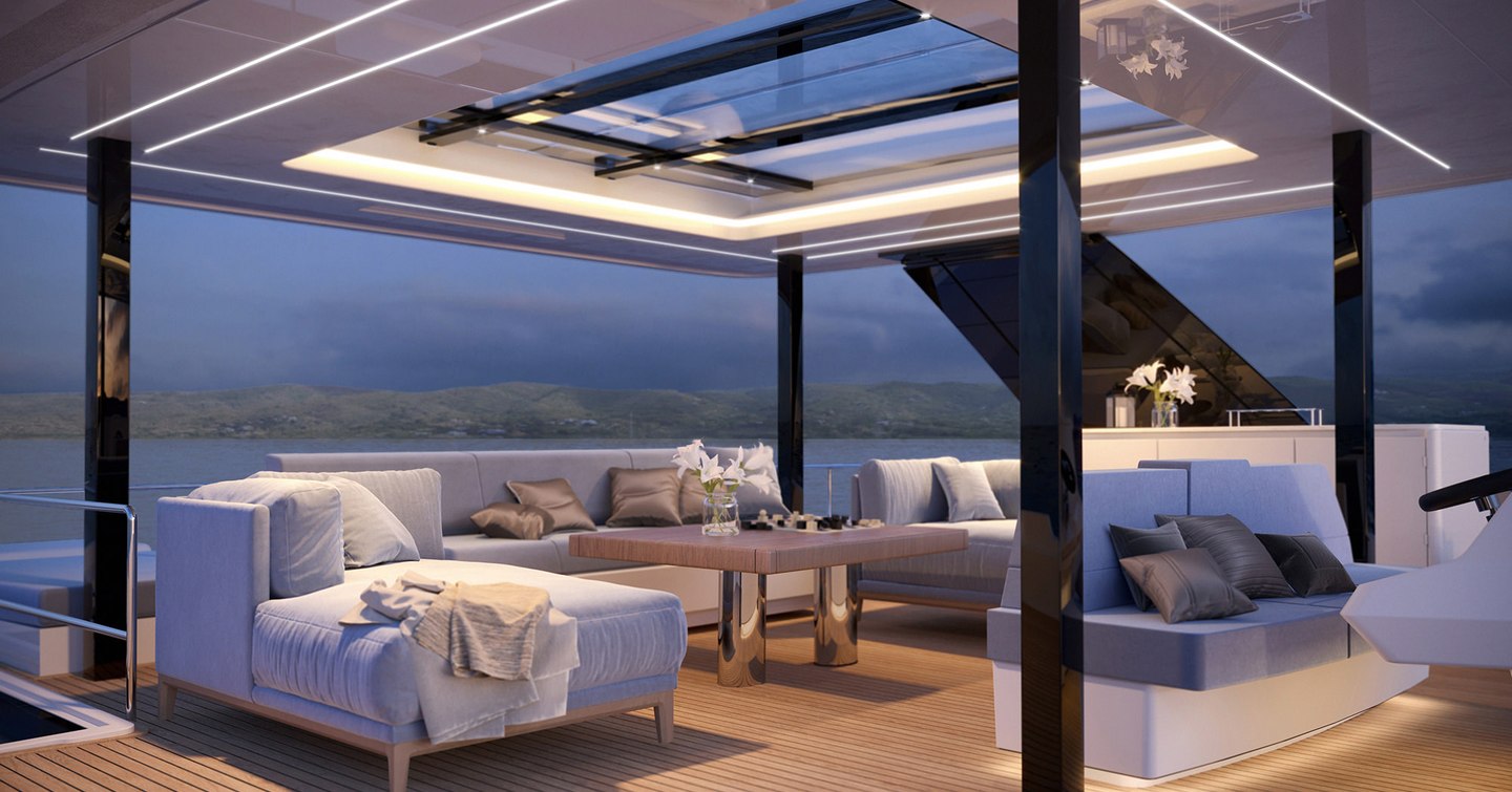 Sunreef Yachts 60 Sunreef Power catamaran sundeck with LED lights and grey seating area