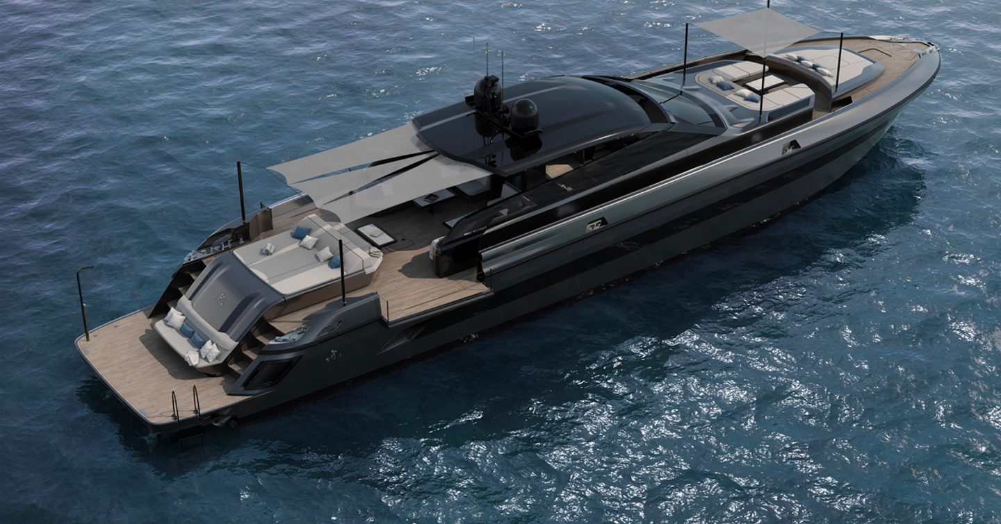 A render of the Otam 90 T-Top stern and beach club