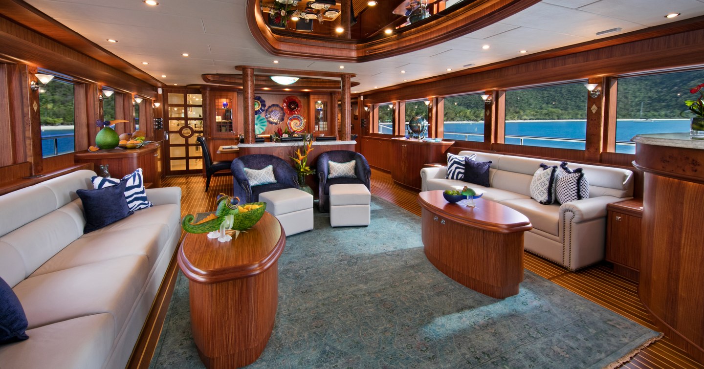 The interior of a Johnson 110 Skylounge yacht