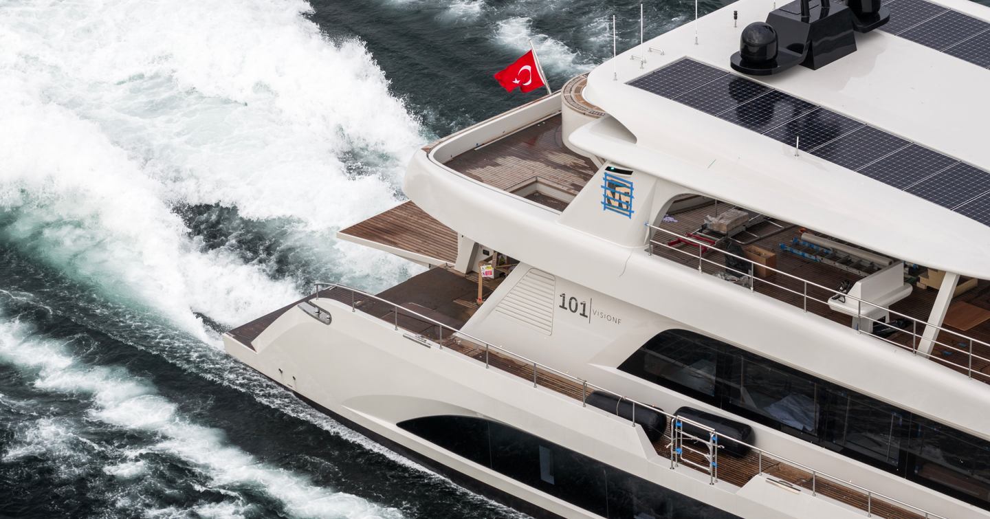 Close up of VisionF 101 Catamaran Muzoon aft decks while under way 