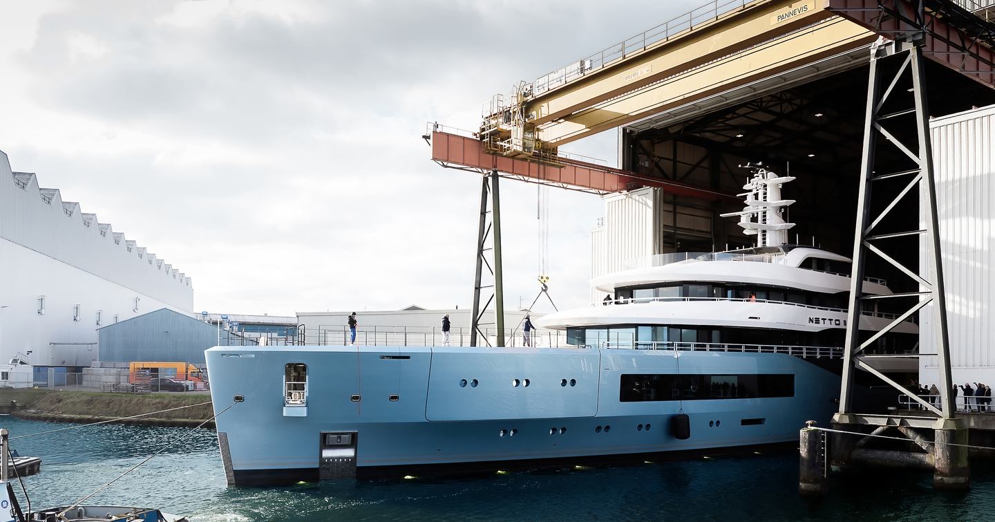 Amels 80 Superyacht Netto II leaving shipyard at launhc