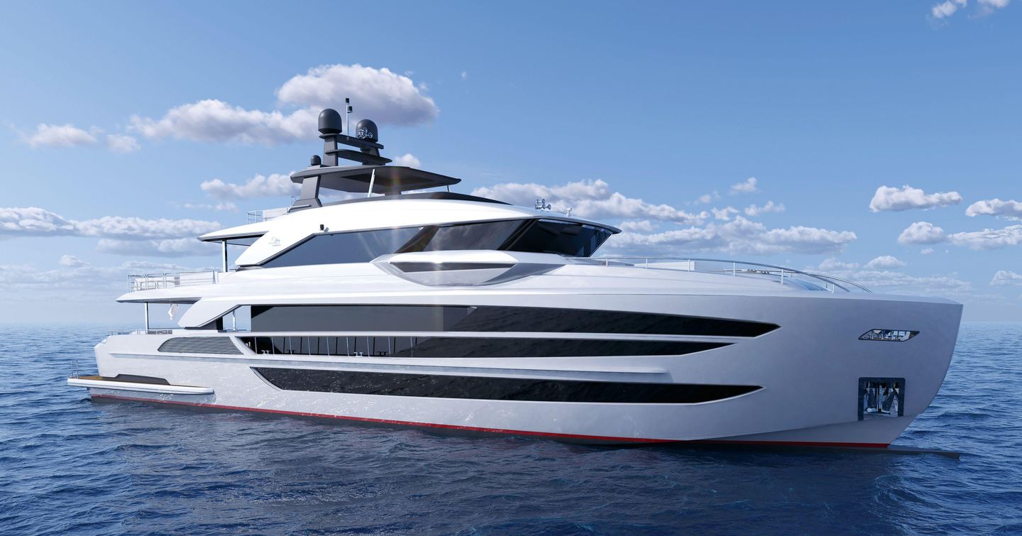 Rendering of Horzion FD130 Tri-Deck motor yacht at anchor 