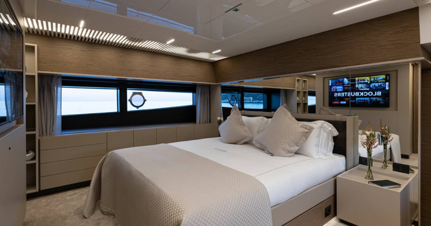 Ferretti yacht Alegria II master cabin with window 