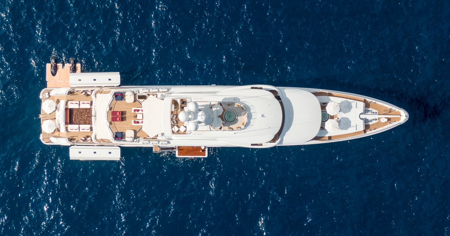 Aerial view of Amels 242 Superyacht Synthesis at anchor 
