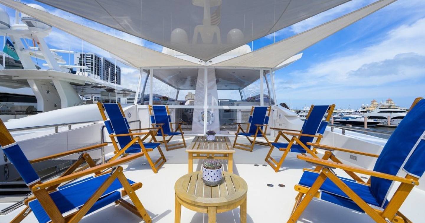 Motor Yacht Andrea VI's sun deck with deck chairs 