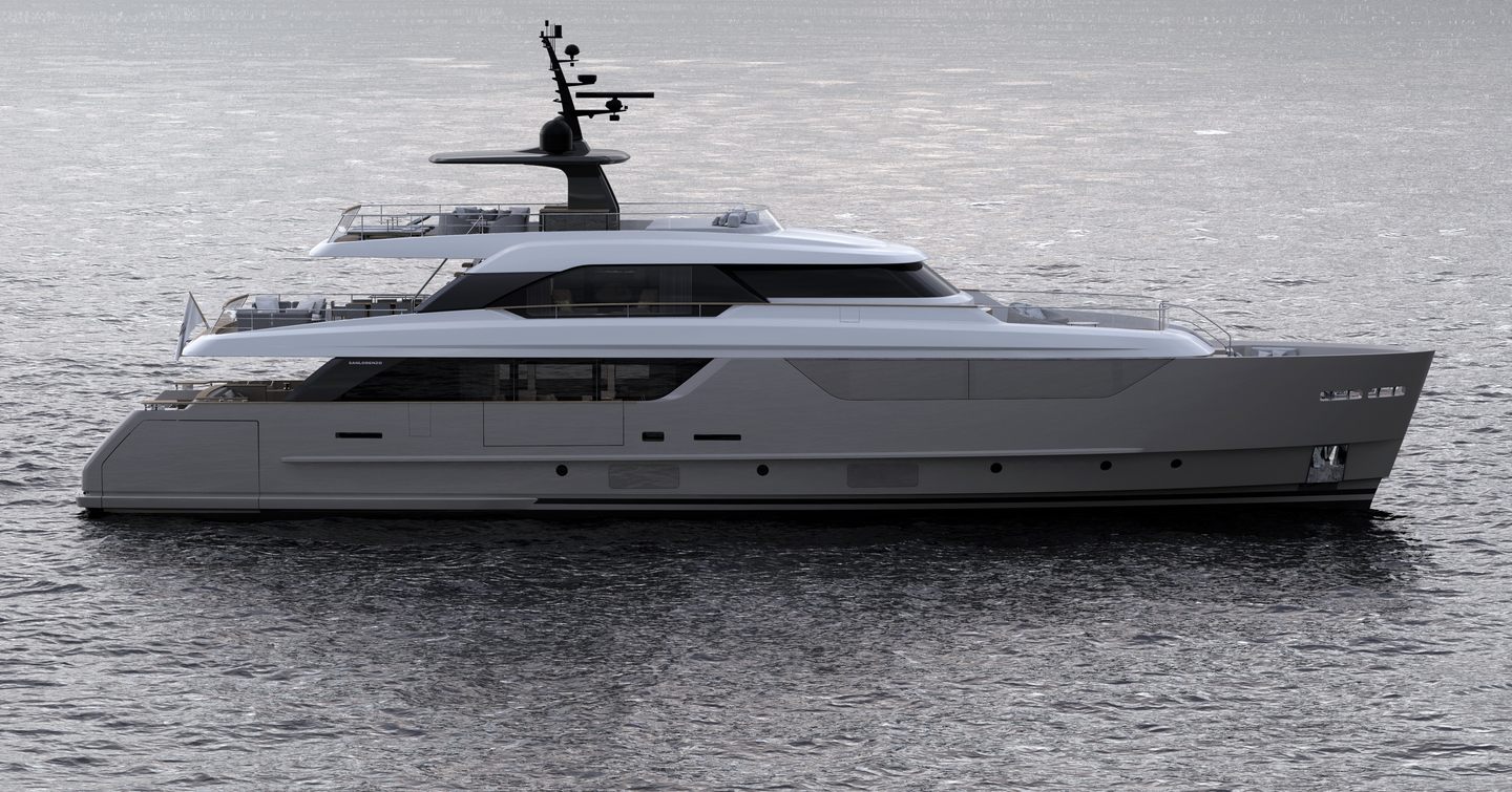 Rendering of Sanlorenzo SD118 motor yacht at anchor 
