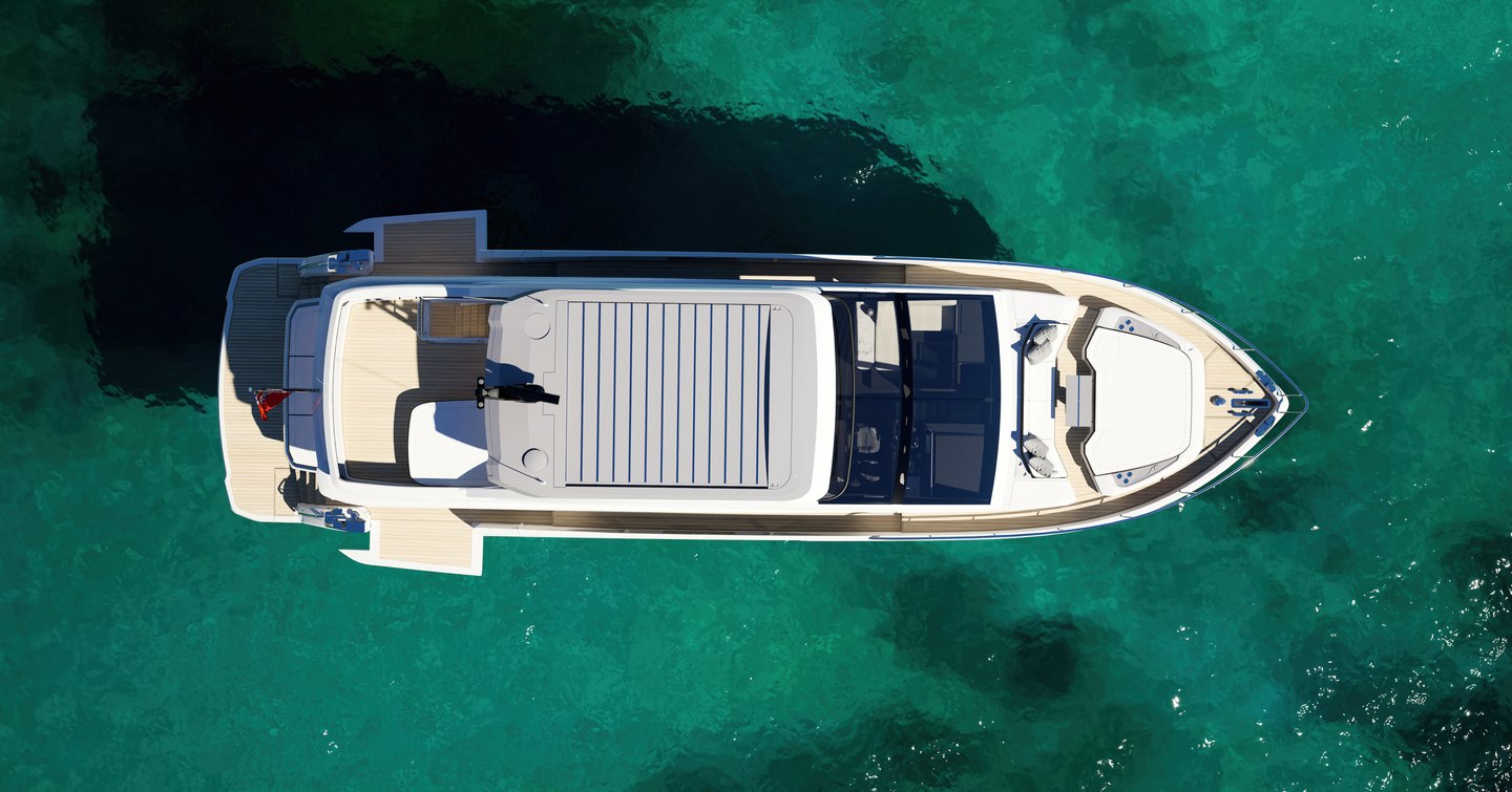 Pearl Yachts Pearl 73 motor yacht at anchor aerial view 