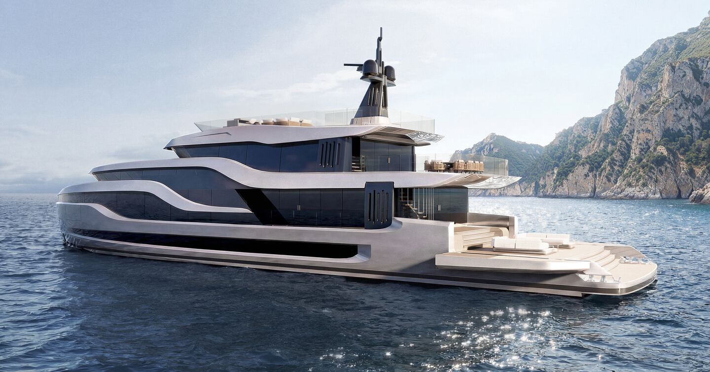 Rendering of Amer 42A superyacht with fold out terraces on stern and sunbathing areas 