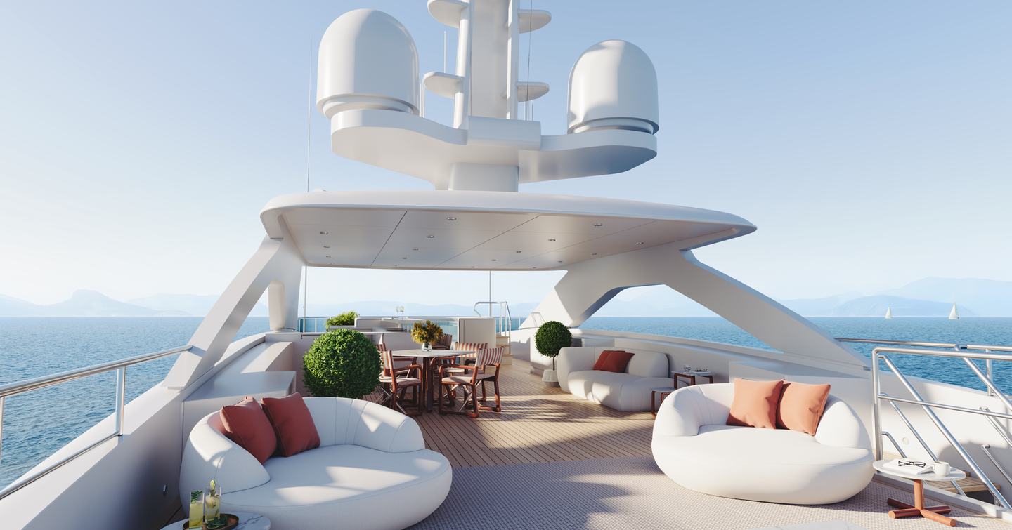 Rendering of Superyacht Pa'lante sundeck with plush white sofas and alfresco dining