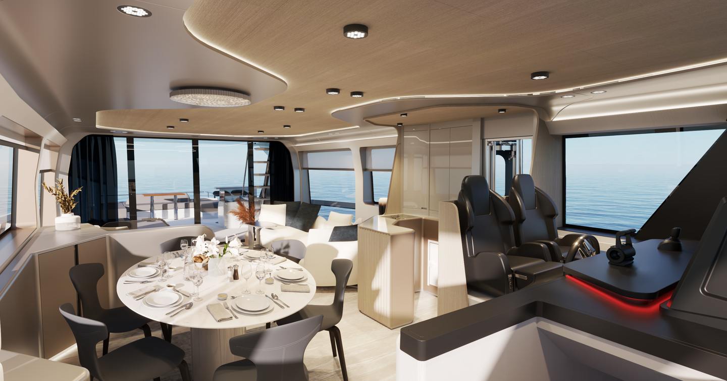 Rendering of Canados Heritage 67 Catamaran saloon with helm station and circular dining table 