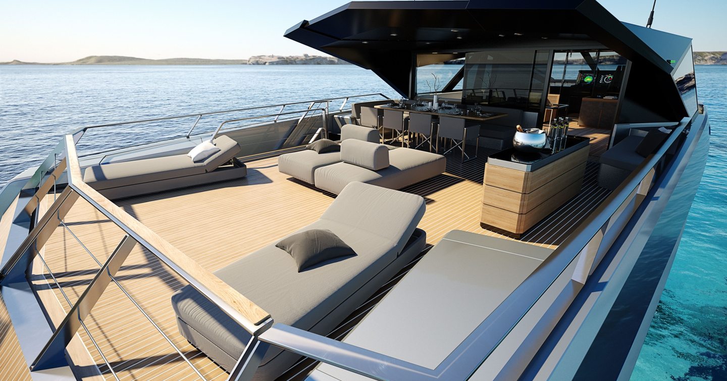 Bridge deck on WHY200 yacht with sunbeds and seating visible