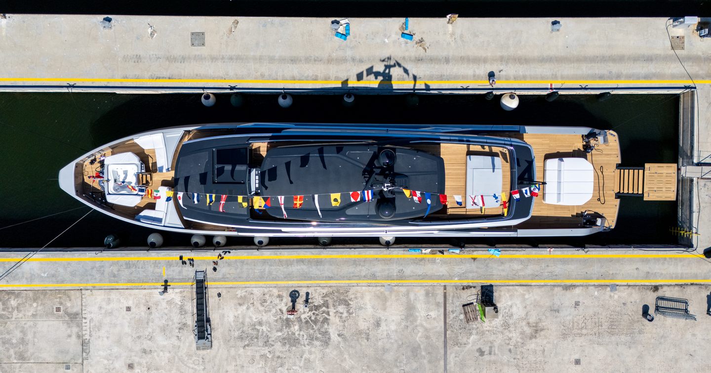 ISA Yachts motor yacht Fast Naan at launch aerial view 