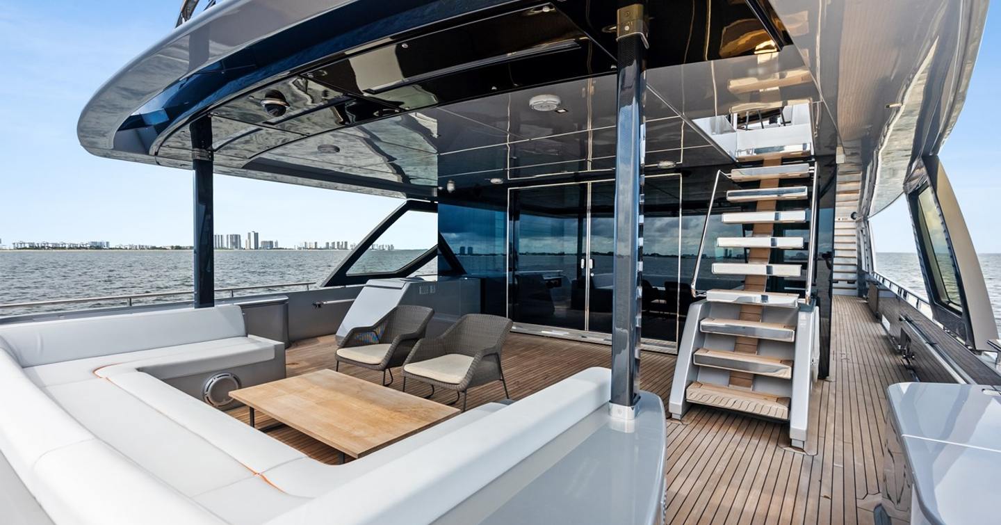 Superyacht Riva Royale main aft deck with U-shaped seating 