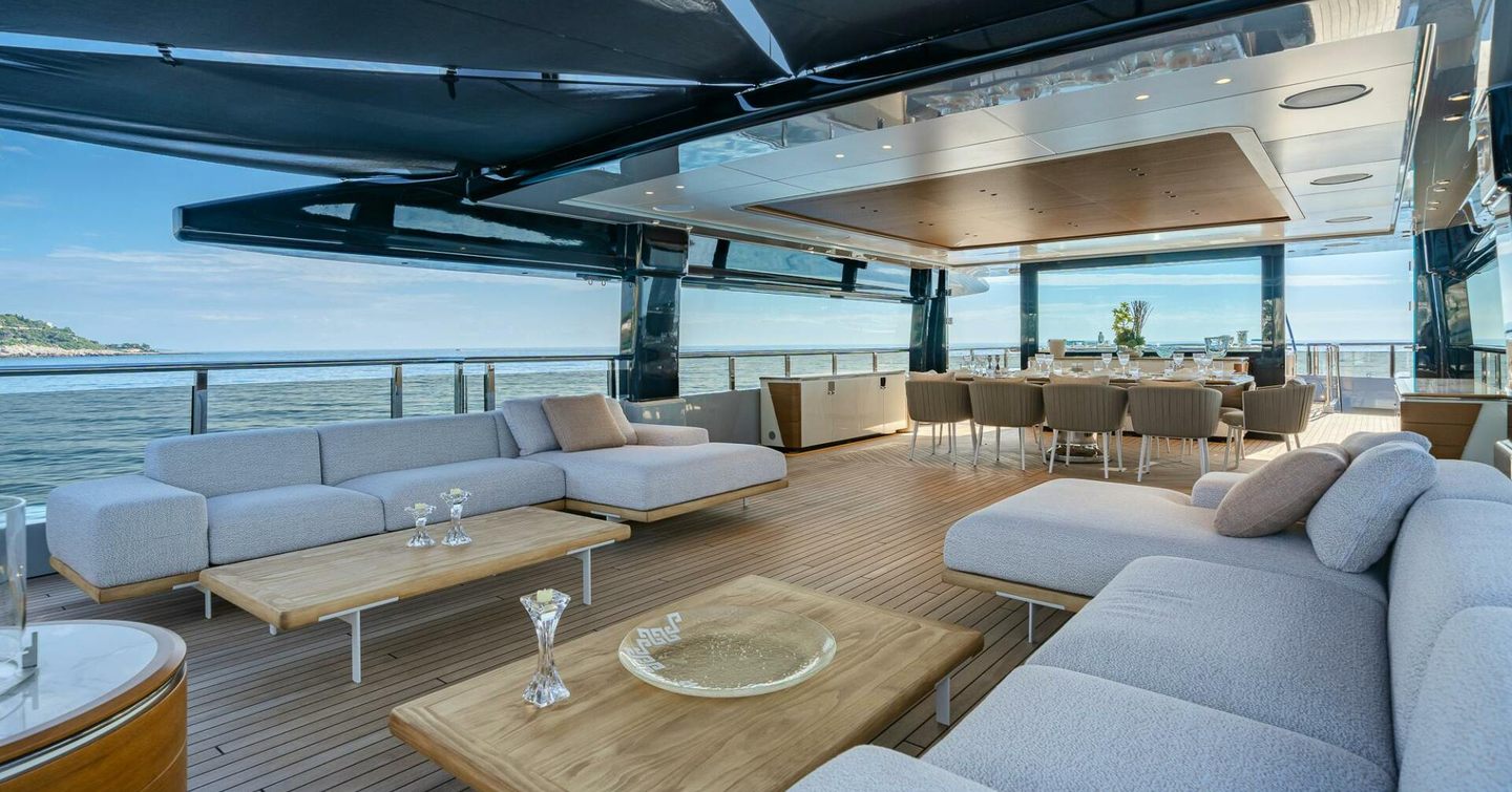 Superyacht Serenissima I sundeck shaded seating and alfresco dining