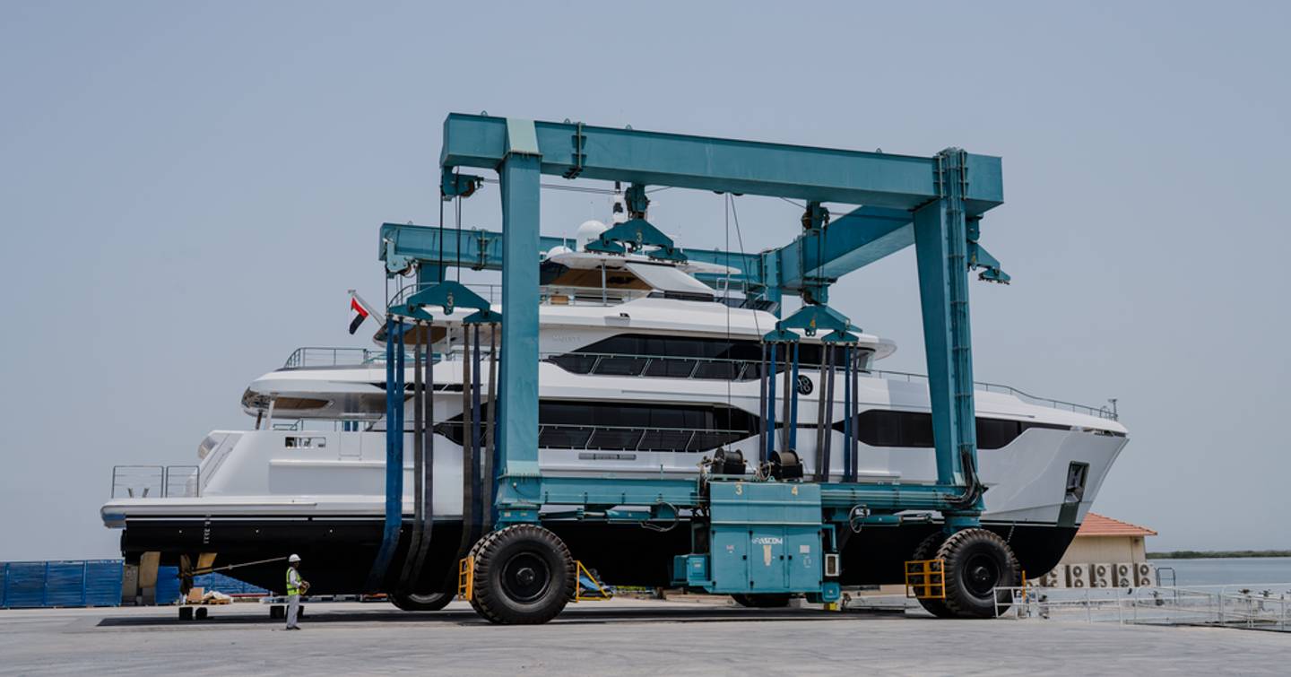 Majesty 120 Superyacht Yoto on trolley on way to launch